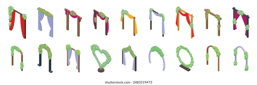 Romantic wedding arch icons set. Wedding ceremony arch set with floral decoration for beautiful bride and groom isometric view isolated on white background