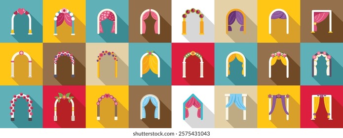  Romantic wedding arch icons set. Collection of wedding arches decorated with flowers, hearts, and elegant curtains, creating a romantic atmosphere for the ceremony