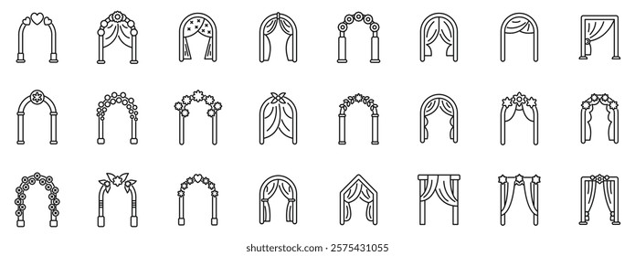  Romantic wedding arch icons set. Collection of wedding arches decorated with elegant curtains and beautiful flowers, perfect for creating a romantic atmosphere