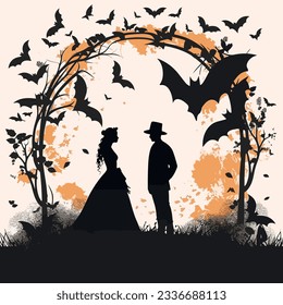 Romantic Wedding. Bride and Groom. Scary bat, Halloween T-Shirt Design. Halloween Vector. Happy Halloween t-shirt design template easy to print all-purpose for man, women.