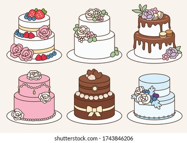 Juego de tortas de boda románticas: bayas clásicas, floridas y blancas, chocolate y macarrón, elegantes amantes del rosa, de la coca, azules. Panadería de postres dulces del día del matrimonio icono ilustración vectorial dibujo plano de diseño.