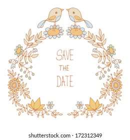 Romantic wedding card with bird and circle of flowers