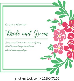 Romantic wedding card for bride and groom on white background, wallpaper of pink flower frame. Vector