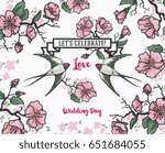 romantic wedding card with couple of swallows and frame formed blooming tree branches, sketch style, vector illustration