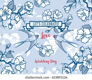 romantic wedding card with couple of swallows and frame formed blooming tree branches, sketch style, vector illustration