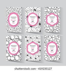 Romantic wedding card. Modern cards for save the date, anniversary, wedding day, marriage, birthday, Valentines day. Cards with elements of coloring pages for adults