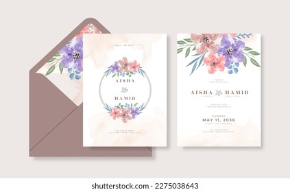 Plantilla romántica de tarjeta de boda con hermosa acuarela floral