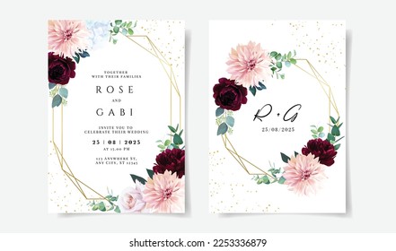 Romantic wedding cards with spring flowers. Peony, dahlia, rose, hydrangea, eucalyptus, greenery. Floral vector design frame. All elements are isolated and editable