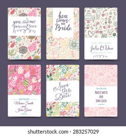 Romantic wedding collection with 6 awesome cards made of hearts, flowers, wreaths, laurel, butterflies, sweet-stuff and birds. Graphic set in retro style. Sweet save the date invitation cards
