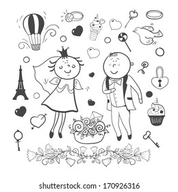 Romantic wedding collection, cartoon newlyweds, black-white vector set