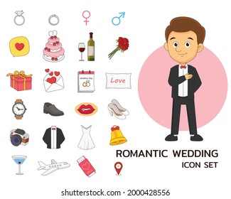 Iconos planos de concepto de bodas románticas