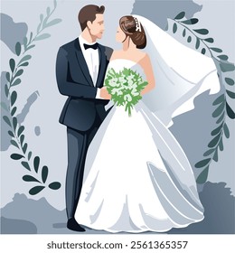 Romantic wedding couple bride and groom vector