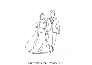 Romantic wedding couple in continuous one line drawing. Single line art illustration of lovely wedding couple.