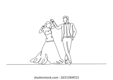 Romantic wedding couple in continuous one line drawing. Single line art illustration of lovely wedding couple.