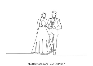 Romantic wedding couple in continuous one line drawing. Single line art illustration of lovely wedding couple.