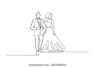 Romantic wedding couple in continuous one line drawing. Single line art illustration of lovely wedding couple.