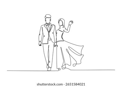 Romantic wedding couple in continuous one line drawing. Single line art illustration of lovely wedding couple.