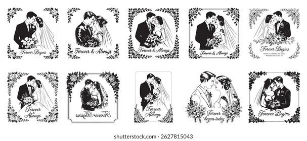 Romântico Casal Casal Ilustração Set - Noiva e Noivo com Design de Quadro Floral em Preto e Branco