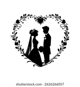 Romantic Wedding Couple Silhouette in a Floral Heart Frame