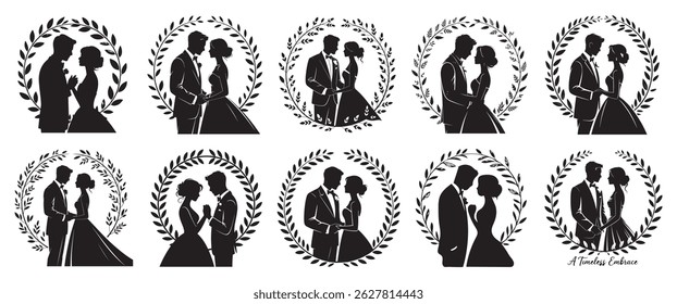 Romantic Wedding Couple Silhouette Set – Bride and Groom Embrace Illustrations with Laurel Wreath Frames