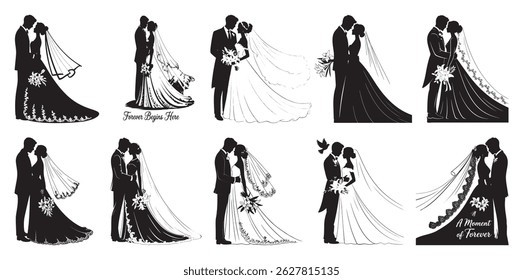 Romantic Wedding Couple Silhouettes – Bride and Groom Vector Art Set for Invitations and Designs