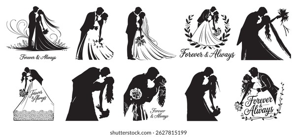 Romantic Wedding Couple Silhouettes – Bride and Groom Kiss Pose Vector