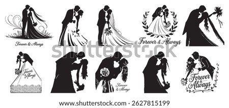 Romantic Wedding Couple Silhouettes – Bride and Groom Kiss Pose Vector