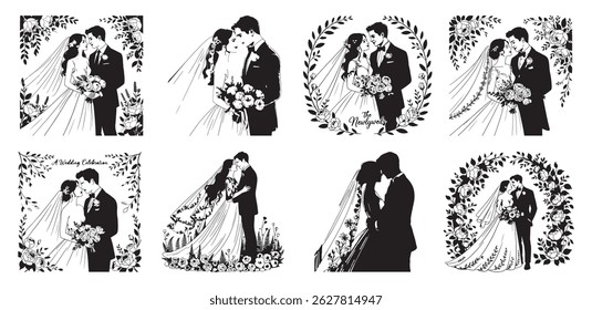 Romantic Wedding Couple Silhouettes with Floral Frame – Bride and Groom Vector Set