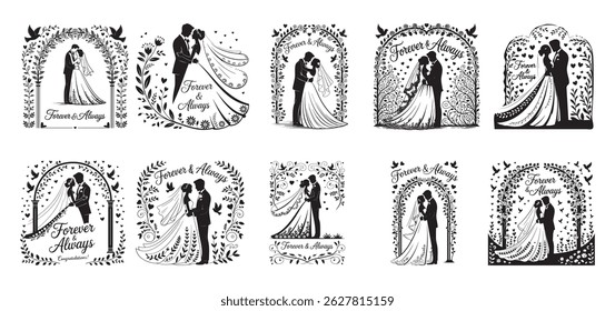 Romantic Wedding Couple Silhouettes with Floral Frame.