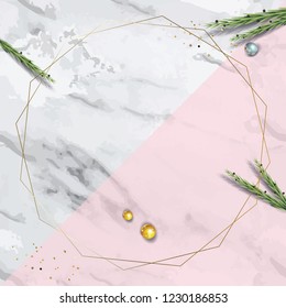 Romantic Wedding Day background place for text, gold geometric frames, confetti, Eucalyptus green leaves foliage on marble coral table top view, trendy design gift card Holiday template bannner vector