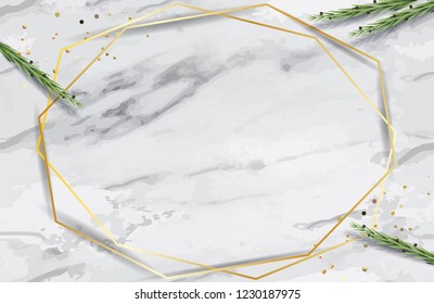 Romantic Wedding Day background with place for text, gold geometric frames, confetti, Eucalyptus green leaves, foliage on marble table top view, trendy design gift card Holiday template bannner vector