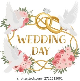 Corona de Vector romántica del día de la Boda con los anillos y el arreglo floral de las rosas para las tarjetas de invitación.