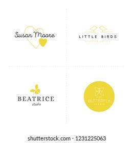 Romantic and wedding feminine logo elements. Vector hand drawn logo templates. Isolated symbols for greeting cards, business branding and identity, overlays.