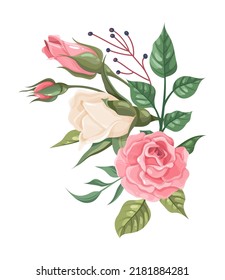 Romantic wedding flowers. Pink and white roses on green branch