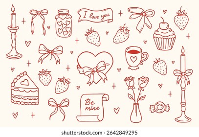 romantic wedding hand-drawn clipart set with hearts, sweets, candles and floral elements