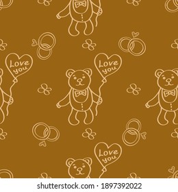 Romantische Hochzeit handgezeichnet goldener Hintergrund mit süßem Teddybär, Hochzeitsringen und Ballon. Valentinstag-Doodle nahtlos Muster. Ideal für Verpackungspapier, Textilien, Tapeten. Vektorgrafik.