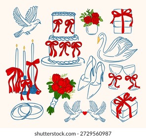 Romantic Wedding Icons Vector Set with Red Bows and Floral Line Art