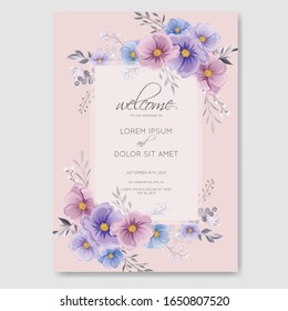 Romantic wedding invitation with beautiful rose and cosmos flower watercolor background