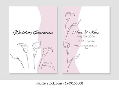 Romantische Hochzeitseinladung schwarz umrissen Calla lilies und rosafarbene Grenze. Vektorgrafik und Infoseite
