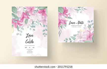 Romantic wedding invitation card with beautiful lily floral and leaves
