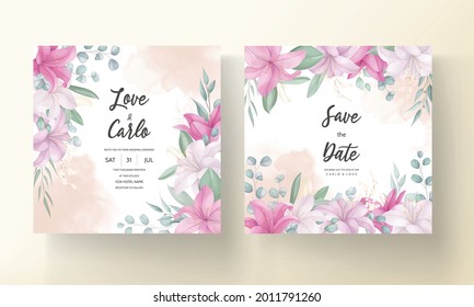 Romantic wedding invitation card with beautiful lily floral and leaves