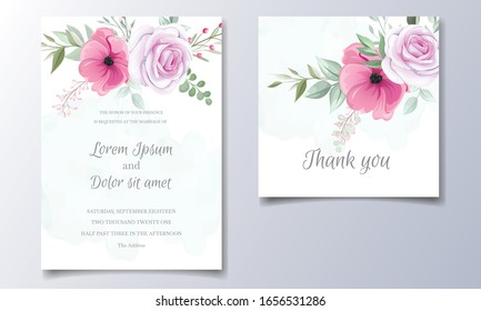 Romantic wedding invitation card template set with rose  cosmos flowers  and leaves