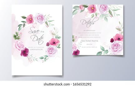 Romantic wedding invitation card template set with rose  cosmos flowers  and leaves