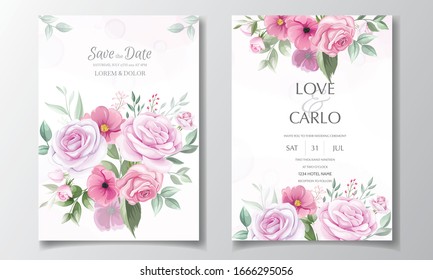 Romantic wedding invitation card template set with rose, cosmos flowers, and leaves