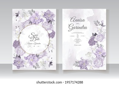  Romantic Wedding invitation card template set with beautiful  floral leaves Premium Vector