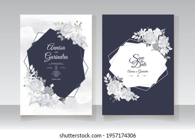  Romantic Wedding invitation card template set with beautiful  floral leaves Premium Vector