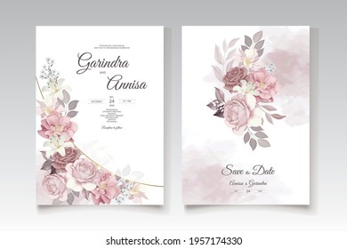  Romantic Wedding invitation card template set with beautiful  floral leaves Premium Vector
