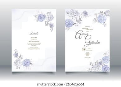 Plantilla de la tarjeta de invitación de la boda romántica con hojas florales azules Vector Premium
