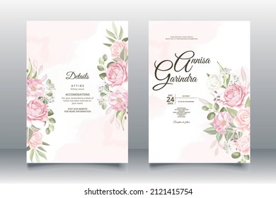 romantic  Wedding invitation card template set with  beautiful  floral leaves Premium Vector