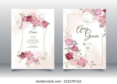  planilla de la tarjeta de invitación de boda romántica con bellas hojas florales Premium Vector